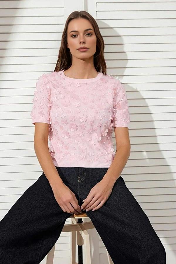 WOVCOR Three-Dimensional Flower Detail and Tulle Knitted Blouse