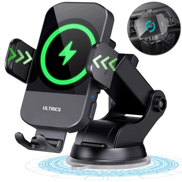 ULTRICS Car Phone Holder Wireless Charger, 15W Auto-Clamping Mount for Air Vent, Dashboard and Windscreen