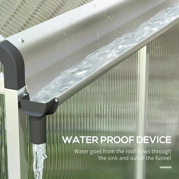 Roof water channel and gutter on clear polycarbonate aluminium greenhouse.