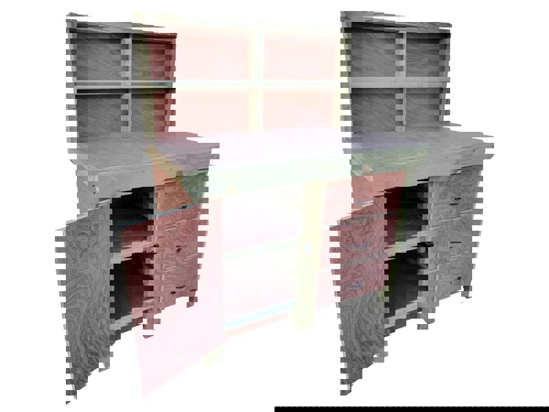 Arbor Garden Solutions Wooden Eucalyptus hardwood top workbench, cabinet with lockable cupboard (V.3) with back and double shelf