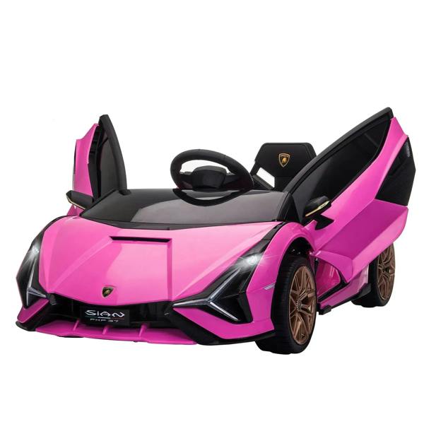 Pink Lamborghini Sian 12V electric kids ride-on car with open doors and steering wheel