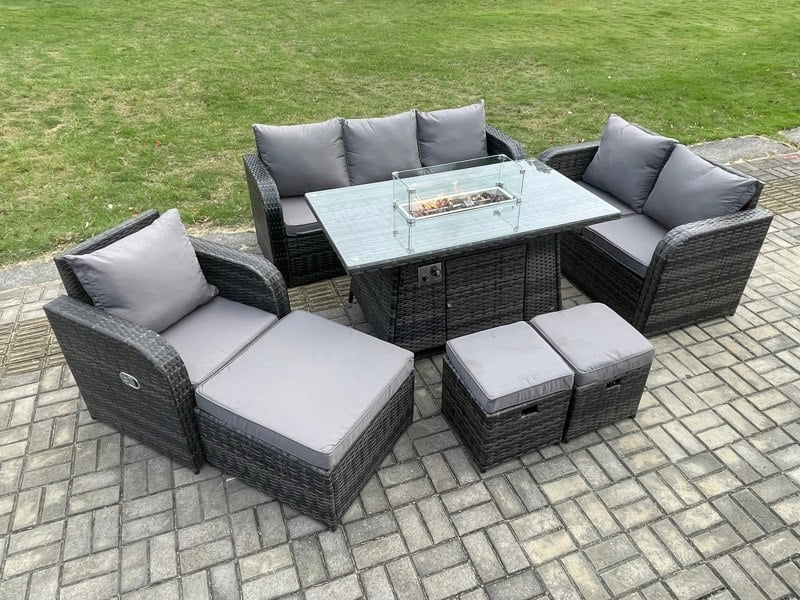 Fimous Rattan Garden Furniture Set with Fire Pit Table 9 Seater Outdoor Lounge Sofa Set Dark Grey Mixed