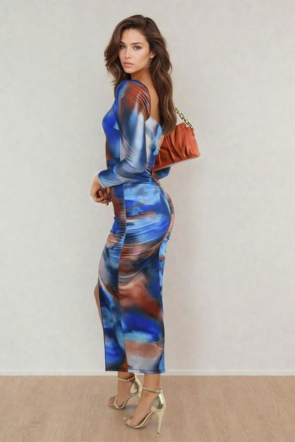 Hana Abstract Printed Long Sleeve Ruched Side Slit Midi Dress - Blue