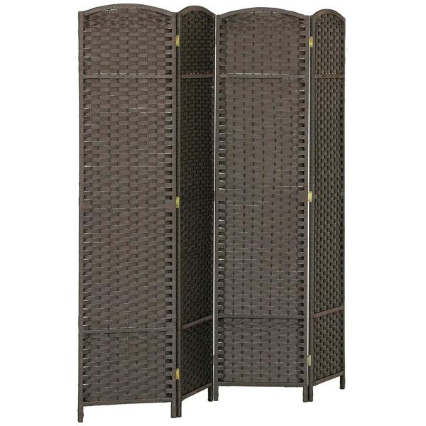 Brown 4-panel folding room divider privacy screen with woven texture, freestanding