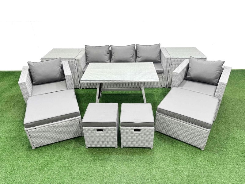 Fimous 10 Pieces Outdoor PE Rattan Sofa Armchair Set Patio Garden Furniture Sets with Cushions 2 Side Tables 4 Stools Light Grey