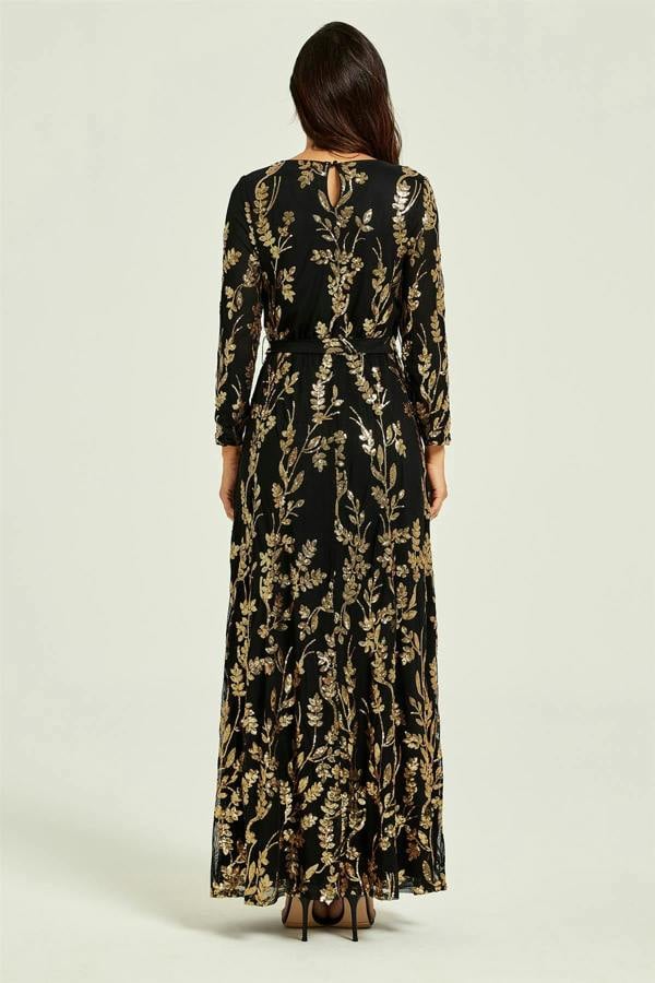 FS Collection Gold Sequin Leaf Long Sleeve Bridesmaid Maxi Dress In Black