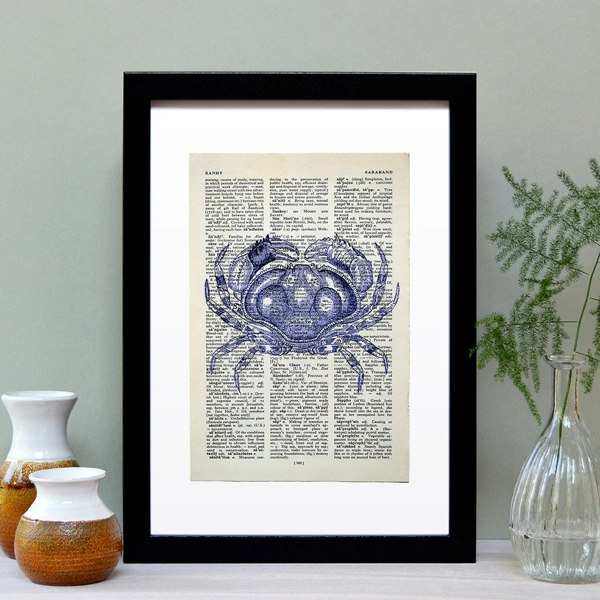 Hands & Hearts Crab vintage book page art print