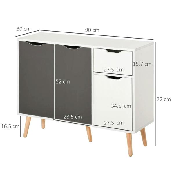 Grey and white sideboard storage cabinet with two doors and two drawers, measured