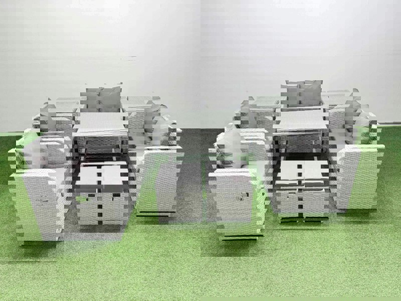 Fimous 8 Seater Rattan Garden Furniture Set Outdoor Love Sofa Set with Rectangular Dining Table 2 Side Tables 2 Small Footstools Light Grey