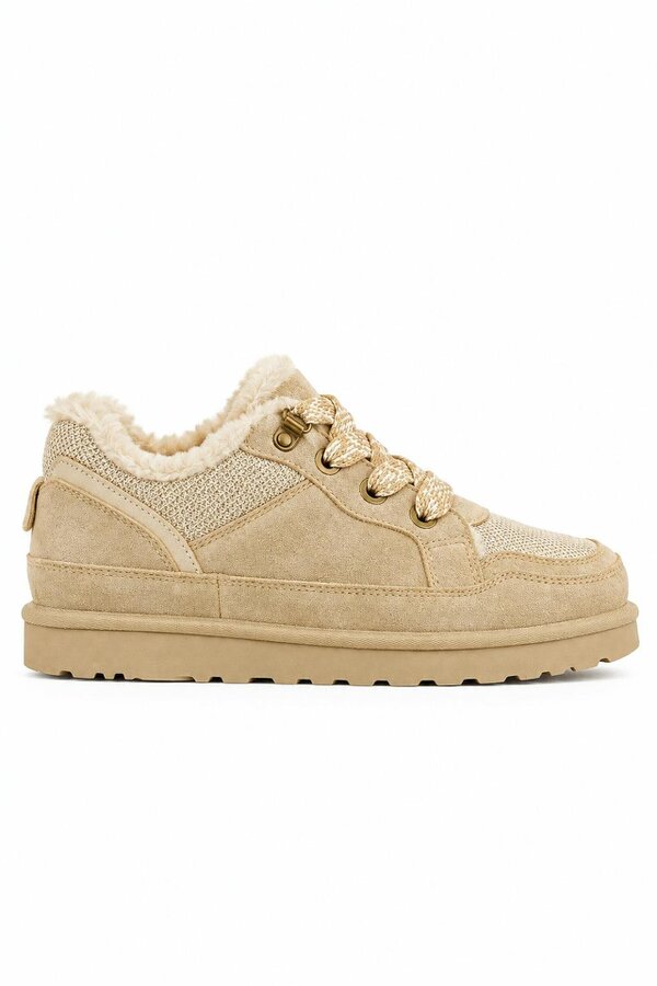 Love Lemonade Hudson Comfort Faux Suede Check Lace Faux Fur Lined Trainers Mocha
