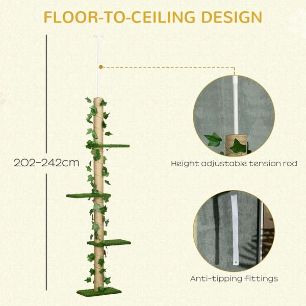 Floor-to-ceiling cat tree with adjustable tension rod and anti-tip fittings, green leaf posts