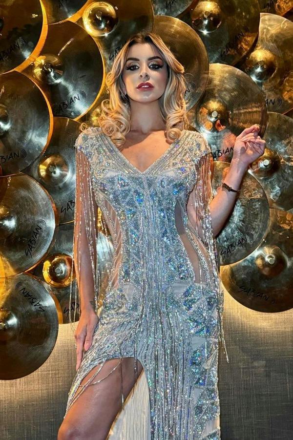 LuvForever Arien - Silver Jewelled Sequin Maxi Dress