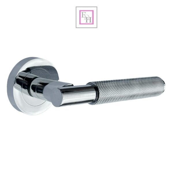 EDH Door Hardware Polished Chrome Knurled Door Handles on Round Rose – Modern Internal Lever Latch Handles