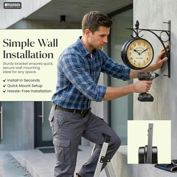 My Garden Outdoor Living My Garden Outdoor Station Clock - Weather Resistant Garden Wall Clock with Metal Bracket, Silent Vintage Hanging Design