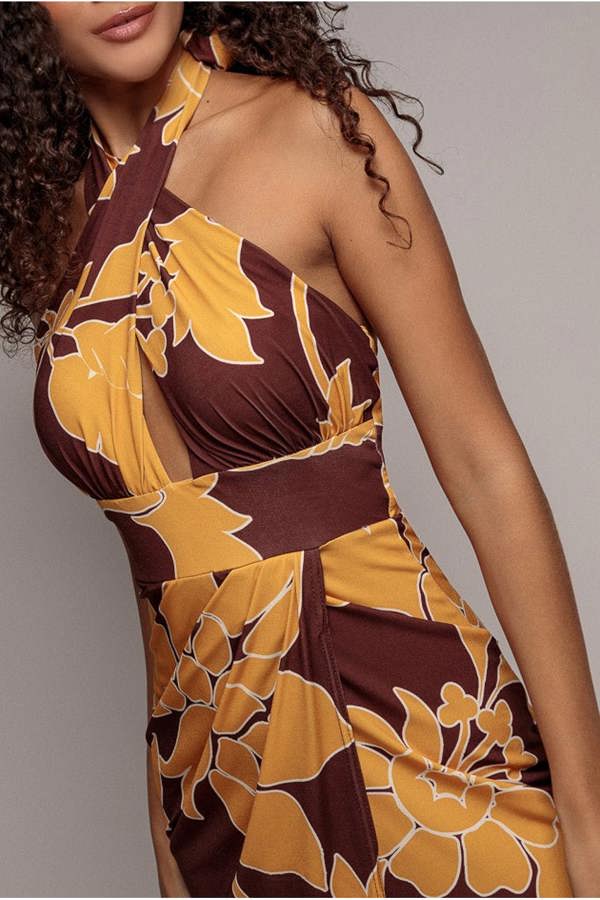 Printed Crossover Maxi Dress - Brown DR3602