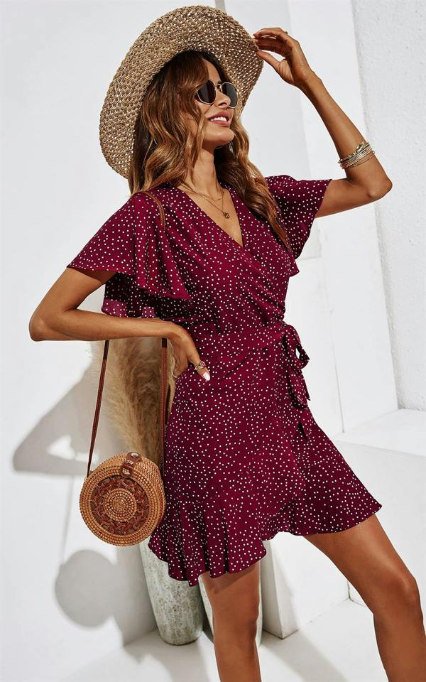 FS Collection Dot Print Wrap Top Dress In Wine