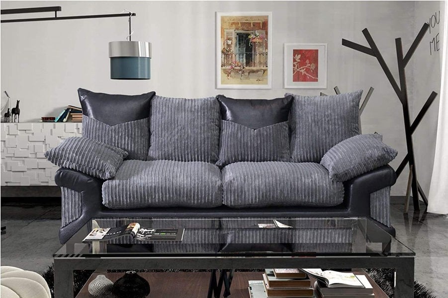 Dino Jumbo Cord with Leather 3+2 Seater Fabric Sofa in Grey with Black