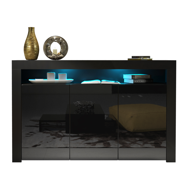 Mex Furniture 155cm Sideboard TV Stand Cupboard Cabinet – Black High Gloss Doors with Free LED