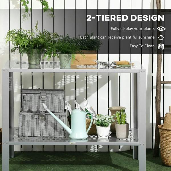 2-tier silver plant stand with steel frame and mesh shelves