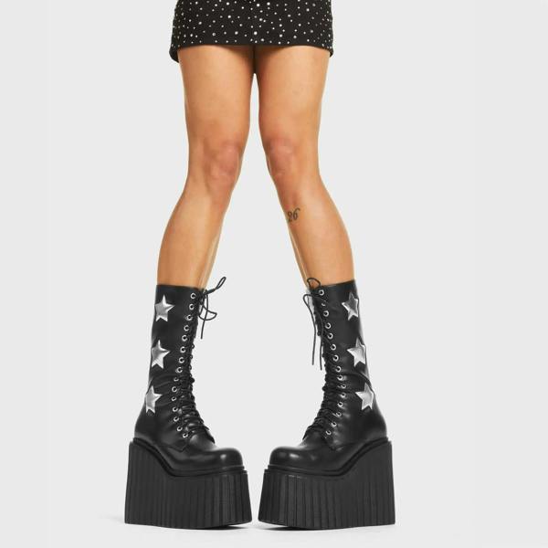 Lamoda Can't Cope Black PU with Silver Detail Lace-Up Platform Ankle Boots