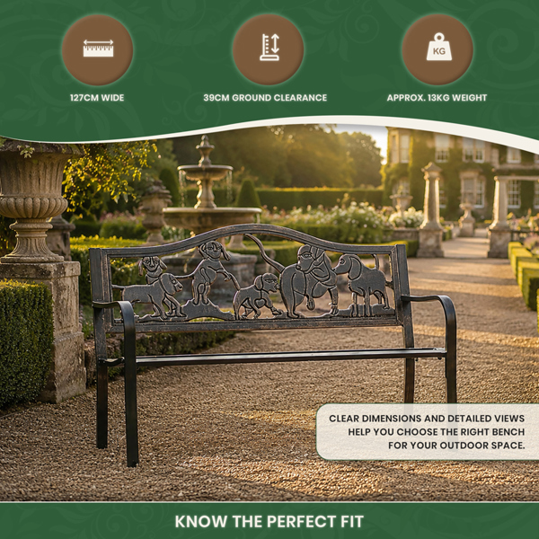 Metal Garden Bench with Cast Iron Puppies Design Back Rest