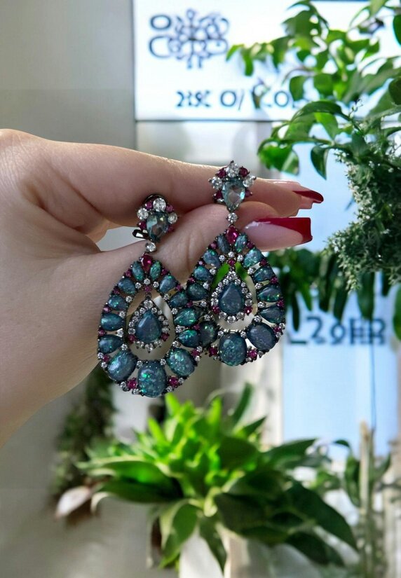 Latelita Paloma Green Opal Drop Earrings Oxidised