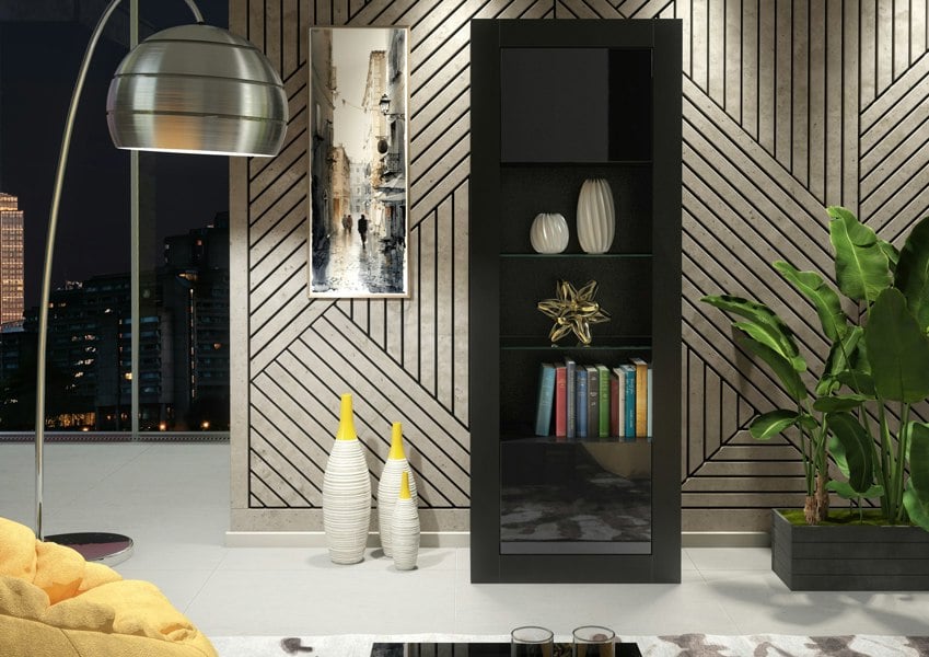 Mex Furniture Modern Display Cabinet 170cm – Black Body & Black Gloss Doors