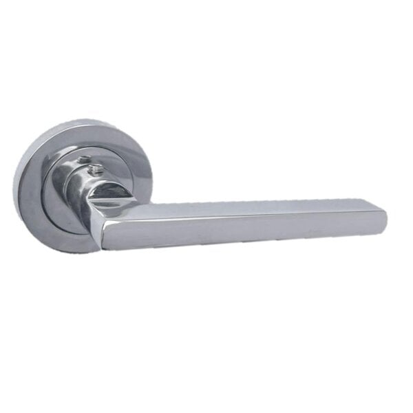 EDH Door Hardware Polished Chrome Modern Lever on Round Rose Door Handles – Handle Only or Handle + Tubular Latch