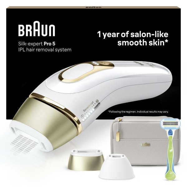 Braun IPL Silk-Expert Pro 5, At Home Hair Removal Device with Pouch, White/Gold, PL5124