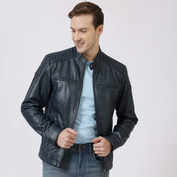 PRIMEHIDE Leather Biker Jacket Thomas Navy