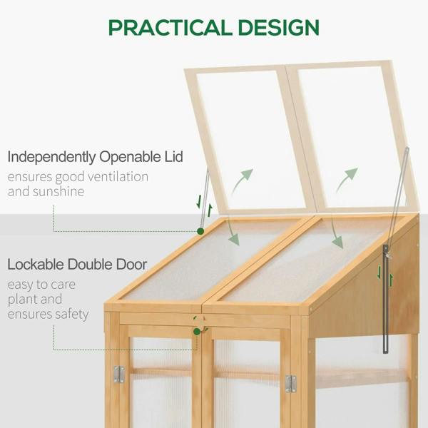 Wooden cold frame greenhouse shown with open lid and lockable double doors
