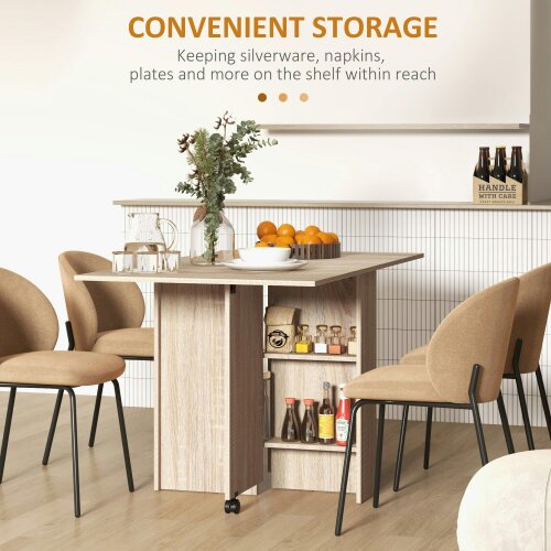 Wyld Haus Vasufa Wooden Natural Ex10dable Drop Leaf Dining Table Seating 4 To 6 With Shelves And Wheels