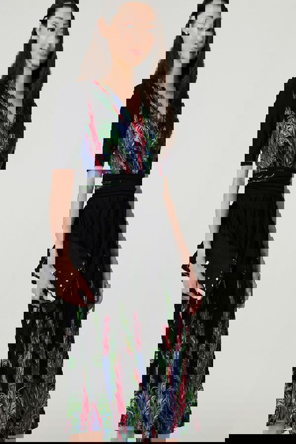 Green | Feather Print Faux Wrap Front Midi Dress