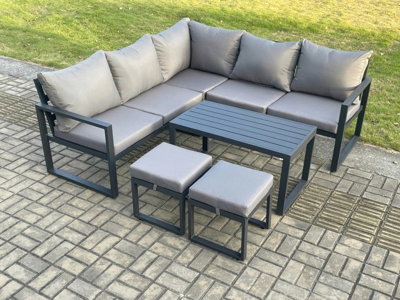 Fimous Aluminium Outdoor Garden Furniture Set Lounge Sofa Oblong Coffee Table Sets with 2 Small Footstools Indoor Conservatory Set Dark Grey