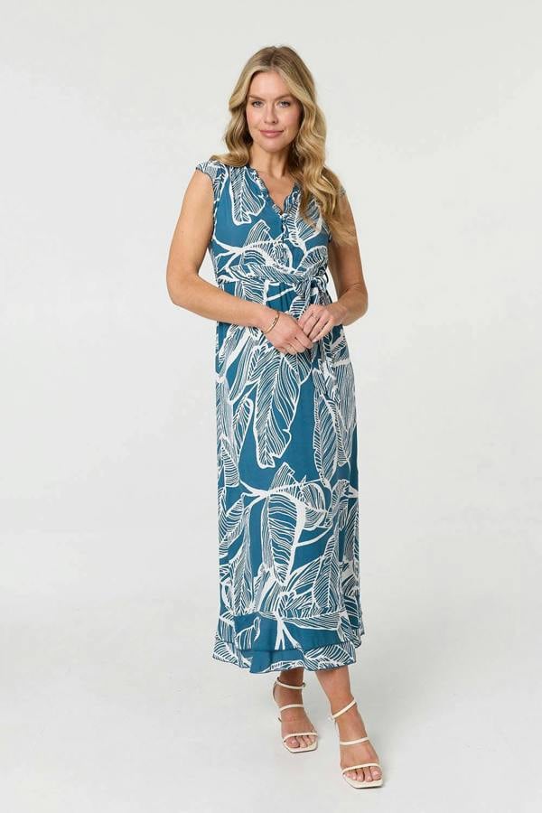 Blue | Leaf Print Sleeveless Maxi Dress
