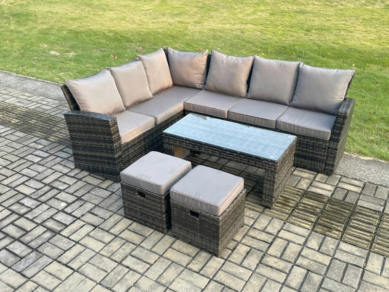 Fimous 8 Seat Rattan Garden Furniture Corner Sofa Set Outdoor Patio Sofa Table Sets with 2 Small Footstools Dark Grey Mixed