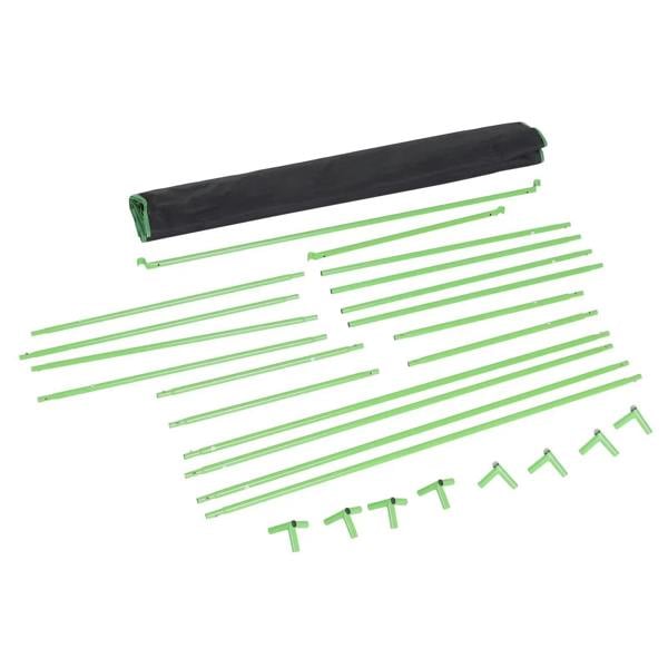 Grow tent pole set with black fabric storage sleeve and green metal frame rods