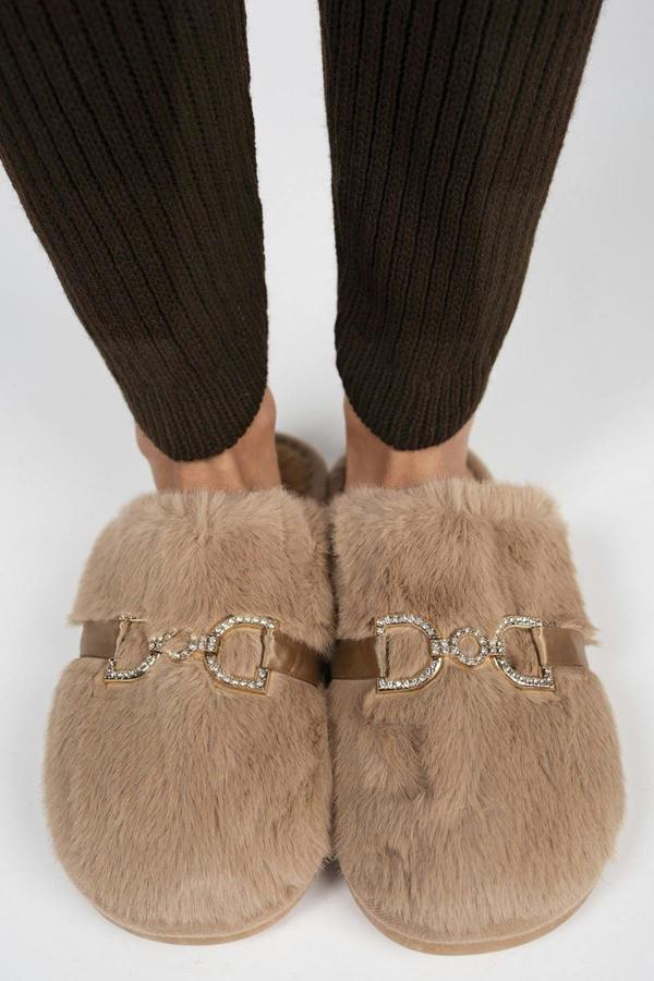 Noelia Faux Fur Slip-on Slippers With Gold Chain Detail - Mocha