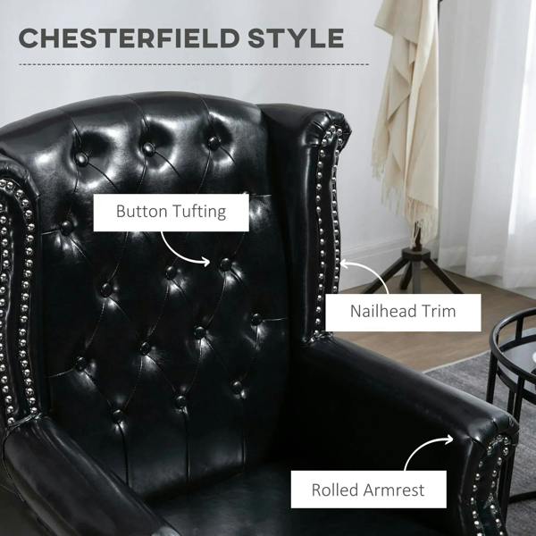 Black Chesterfield-style wingback chair with button tufting and nailhead-trimmed rolled arms