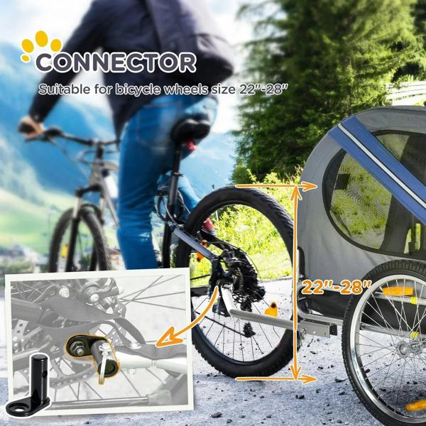 Bicycle hitch connector and blue pet bike trailer wheel with mesh side window.