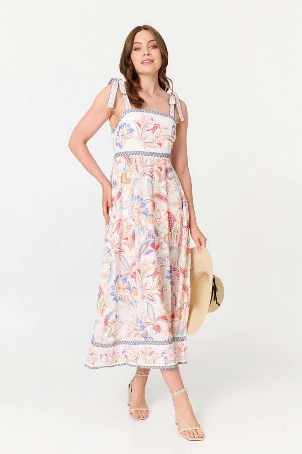White | Floral Tie Sleeveless A-Line Midi Dress