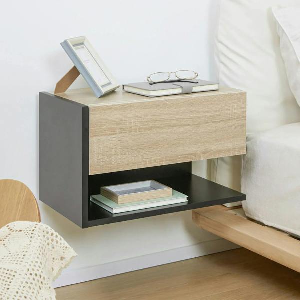 Wall-mounted floating bedside cabinet with oak-tone top and dark open shelf beneath