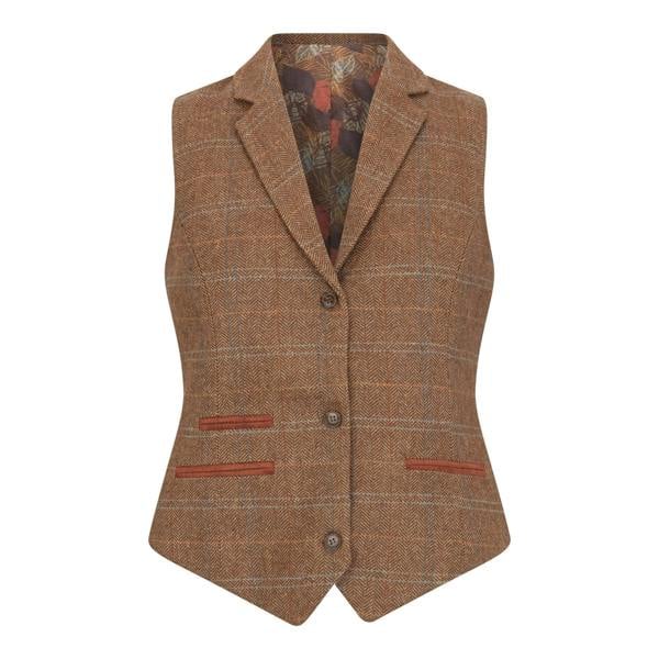 TruClothing Women's Oak Brown Tailored Fit Tweed Waistcoat in Herringbone Check