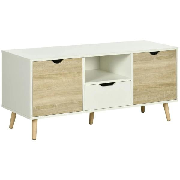 TV unit cabinet with two storage doors and center drawer, natural wood-effect finish.