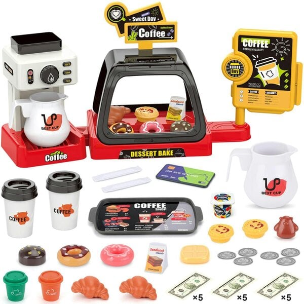 deAO 41-Piece Kids Coffee Shop & Bakery Playset with Coffee Maker, Cash Register & Desserts (Ages 3+)