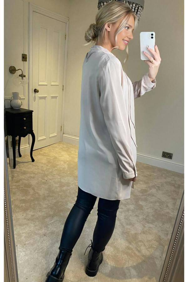 Hoxton Gal Oversized High Neck Tunic Top with Brooch Details in Beige
