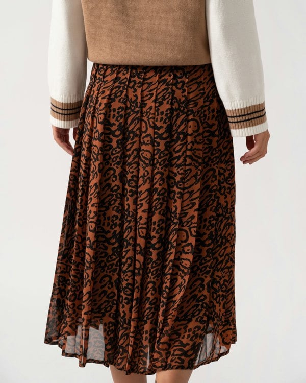 Calvin Klein Leopard Georgette Pleated Womens Skirt - CHO - Designer Womens Skirts