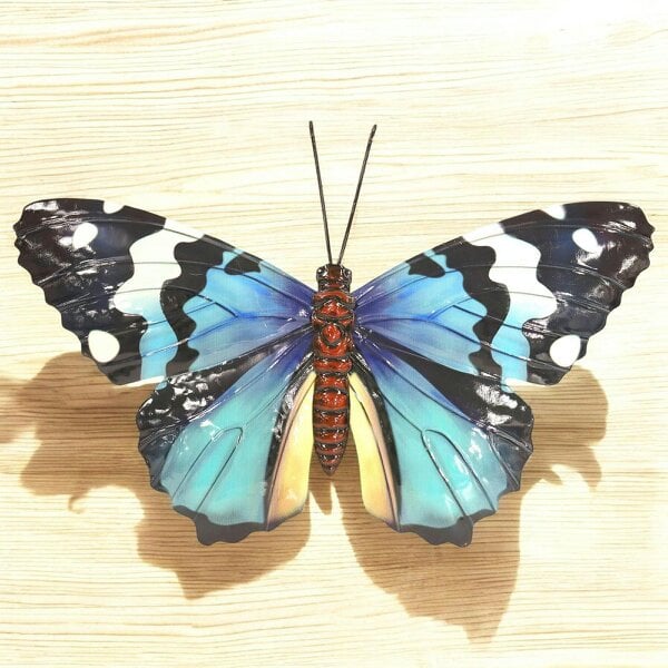 EDH Door Hardware Medium Metal Blue Butterfly Wall Art – 23 x 34 x 1 CM | Hand-Painted 3D Butterfly Décor | Weatherproof Metal Wall Decoration
