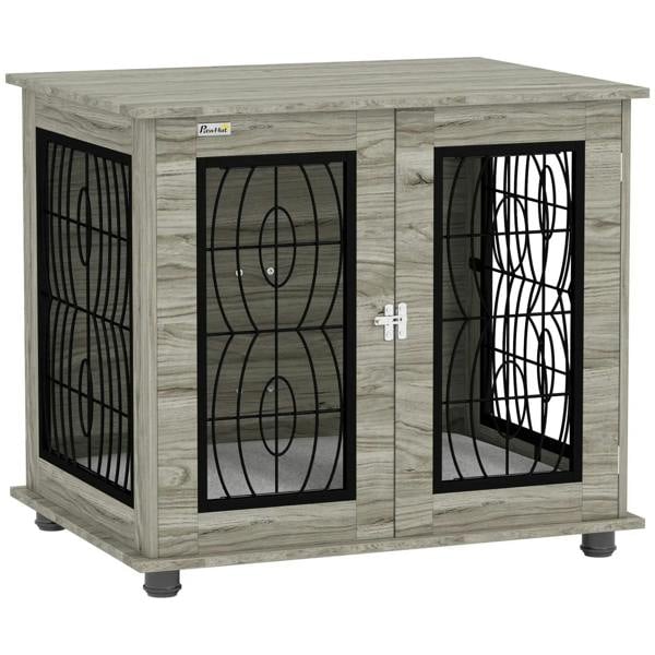 Gray indoor dog crate end table with metal front doors and lockable front panel.