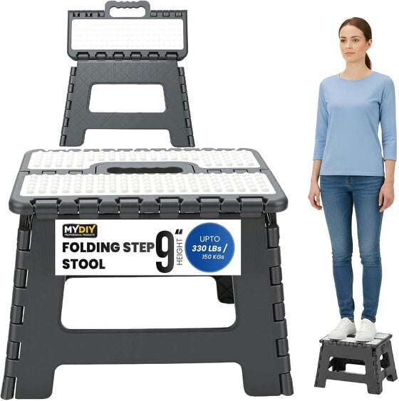 MY DIY PROFESSIONAL PRODUCTS Folding Step Stool 9 Inch Lightweight Heavy Duty Plastic Stool-Easy Carry Handle 150KG Weight Capacity Portable Footstool - 9 Inch - Grey